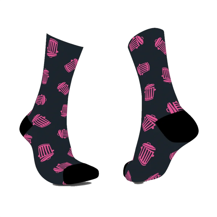 Black Krazy Socks with a pink trash can print