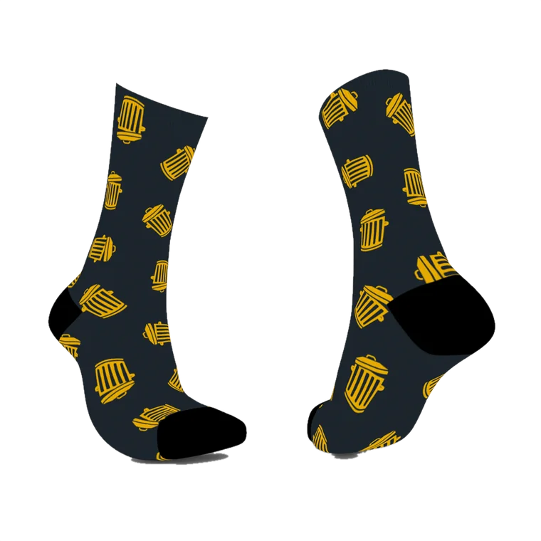 Black Krazy Socks with a yellow trash can print